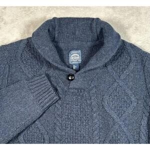 Vintage Cable Knit Fishermans Sweater Mens Large Blue Shawl collar Lambs Wool